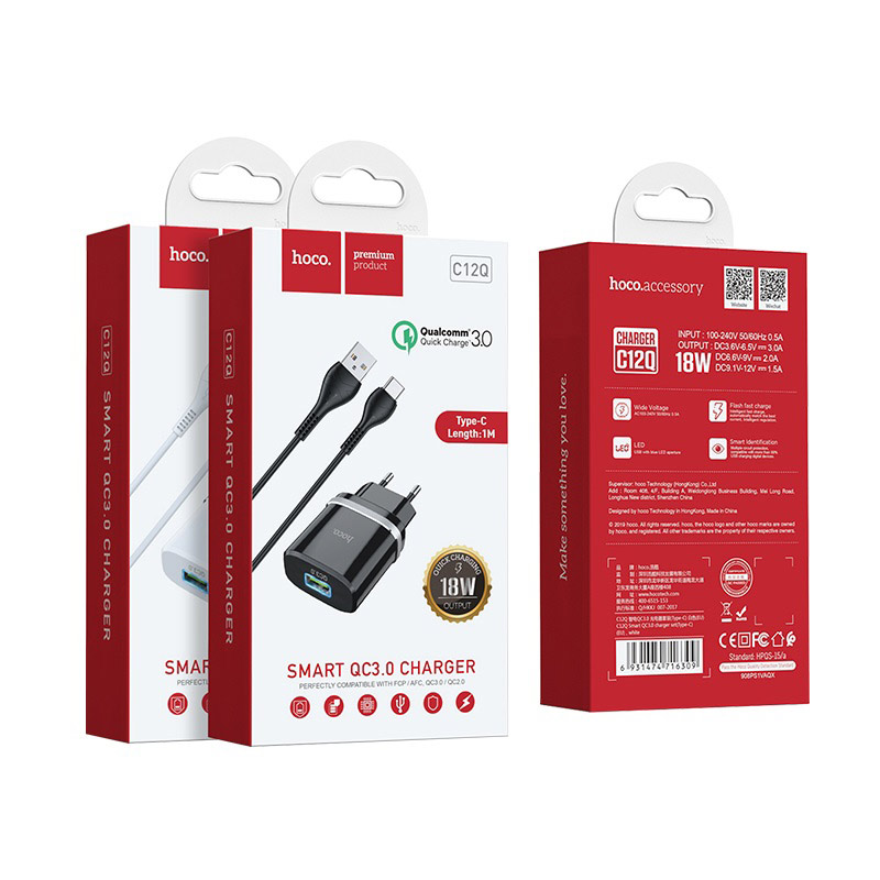 Bộ sạc nhanh 18W Hoco C12Q cổng USB, QC3.0 đầu Micro, Type-C Android dây cáp dài 1m