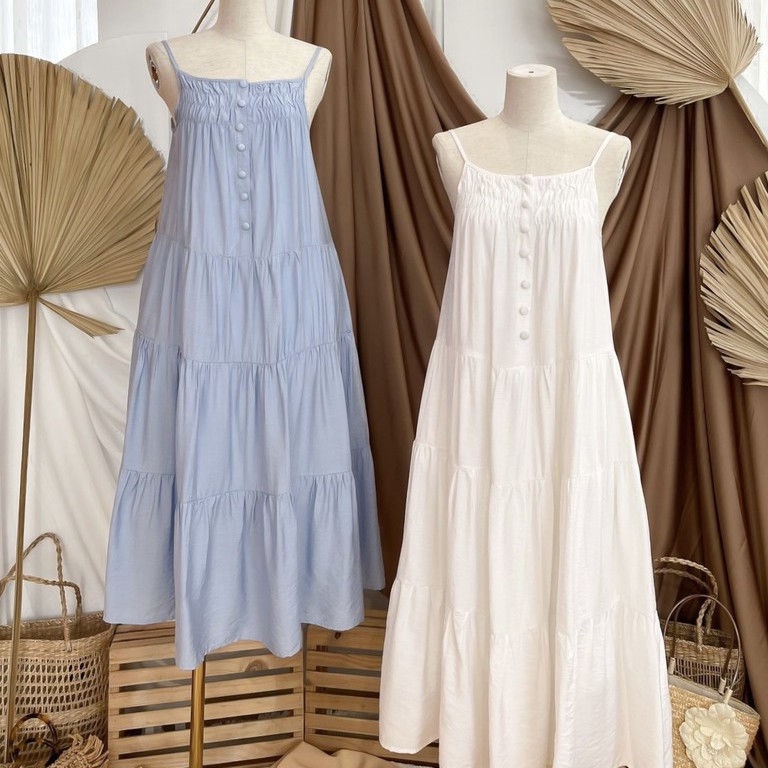[Ảnh thật] Đầm maxi 2 dây tơ xước nhiều tầng nút bọc