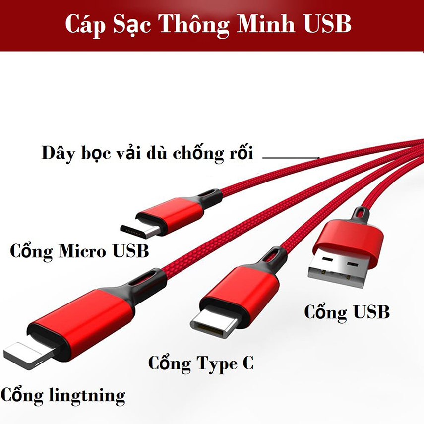 Cáp Sạc 3 trong 1 Micro USB Type C cho Huawei Xiaomi iPhone