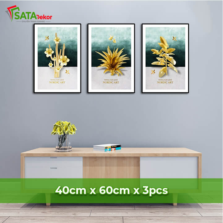 Tranh canvas treo tường hiện đại bộ 3 thực vật nhiệt đới mạ vàng phong cách tối giản (40003839)