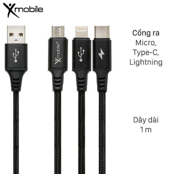 Cáp 3 đầu Lightning Type C Micro 1m Xmobile DR002 Đen ( Like New )