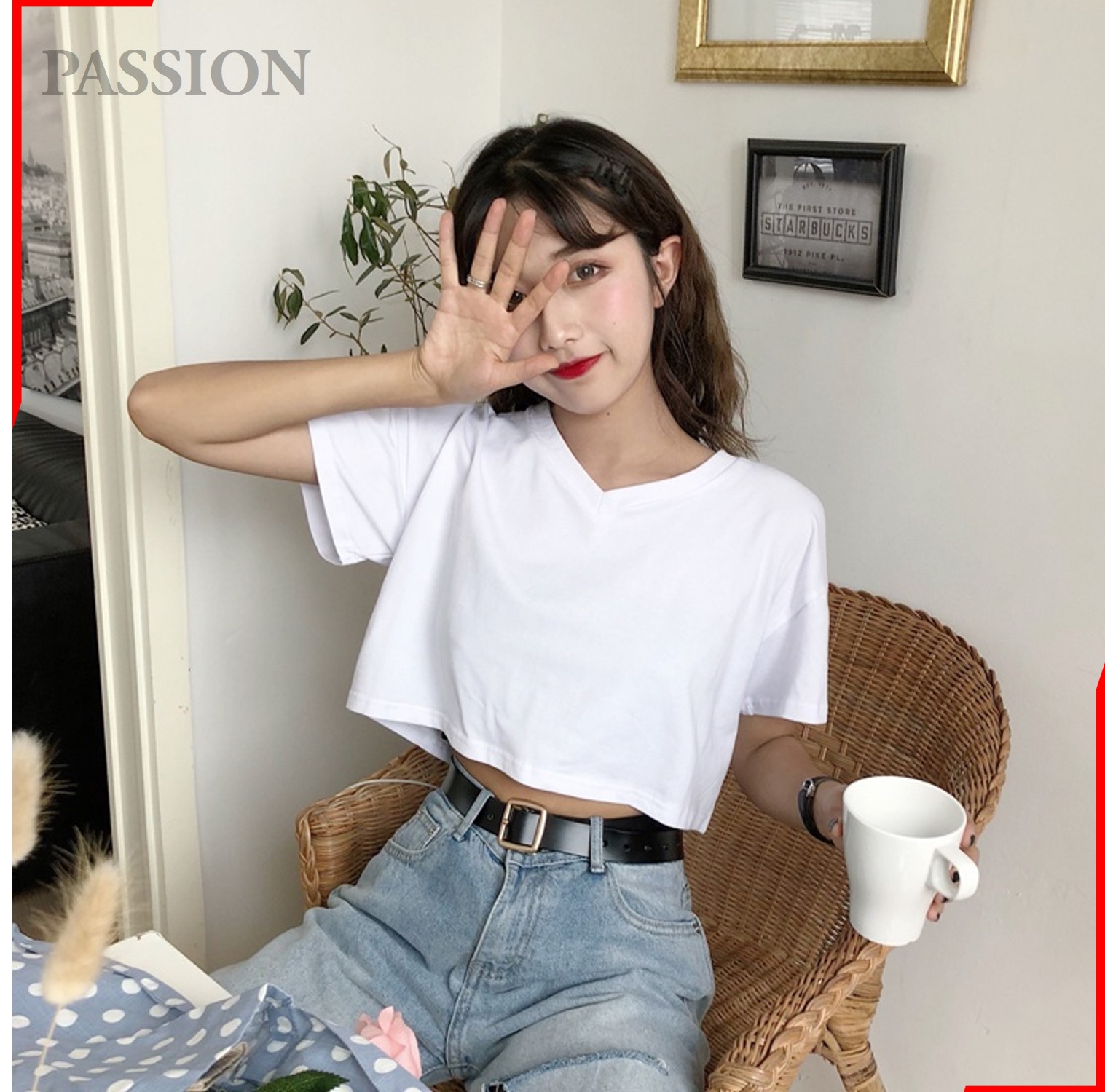 Áo thun croptop form rộng cổ tim PASSION kiểu dáng Ulzzang form rộng, croptop form rộng cổ chữ V