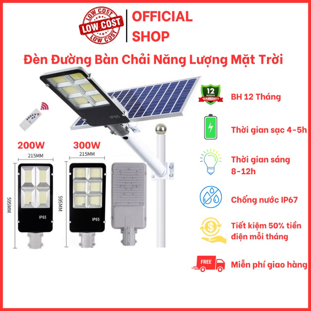 Đèn đường năng lượng mặt trời tấm pin rời công suất 200W có remote giá đỡ chống nước chuẩn IP65