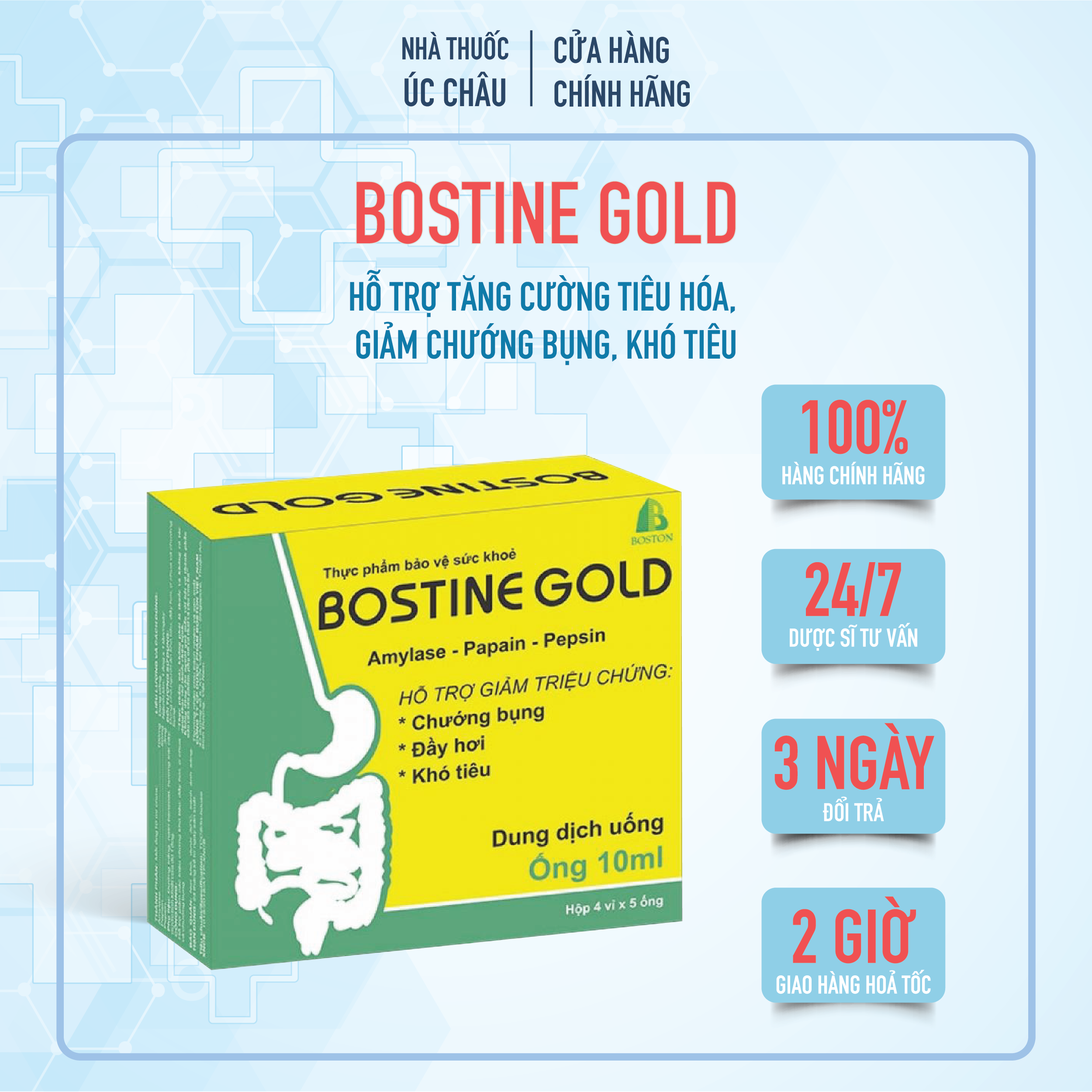 Bostine Gold – Hỗ trợ giảm các triệu chứng khó tiêu: đầy hơi, ợ chua và chướng bụng.