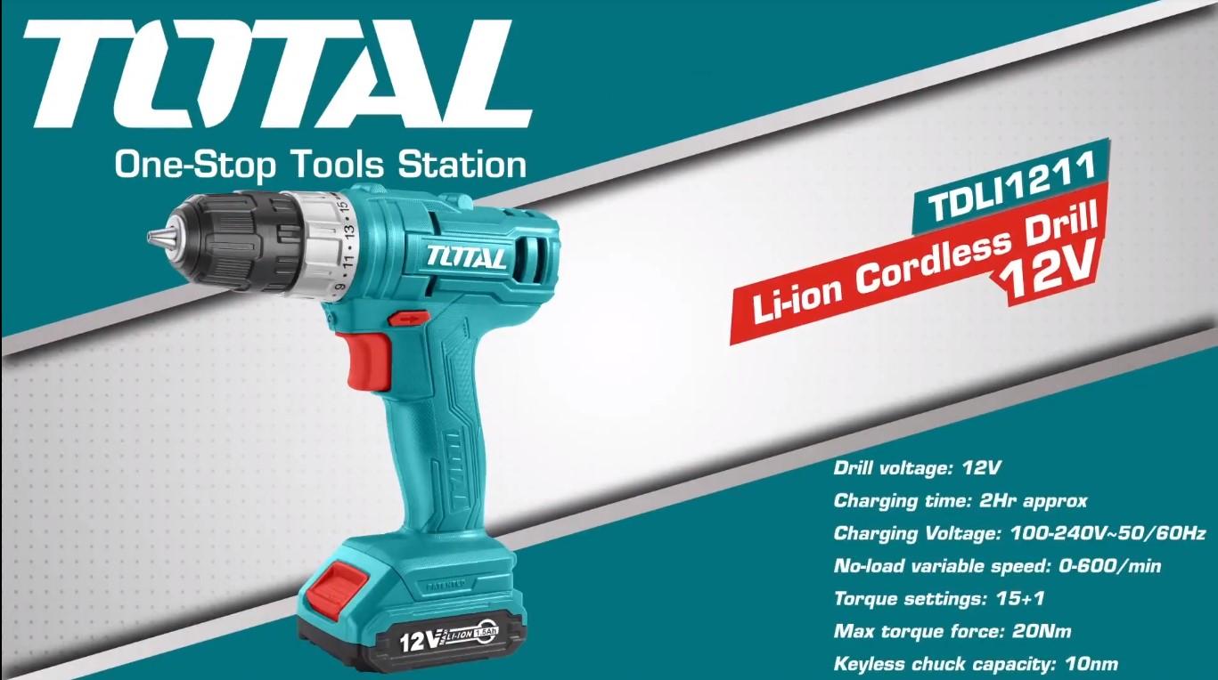 [HCM]Máy Khoan dùng pin TOTAL TDLI1211 - 12V (1 Máy + 1 pin + 1 sạc + 2 mũi khoan)
