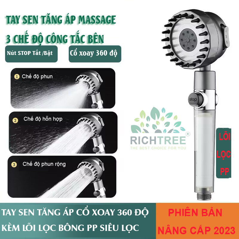 [Phiên bản nâng cấp]Vòi sen tắm tăng áp Richtree, Đầu vòi xoay 360 độ,Massage 3 Chế Độ Tiết Kiệm Nước, Lõi Lọc PP, giúp loại bỏ cặn bẩn,  nút STOP trên tay giúp tắt bật tại chỗ, nút điều chỉnh chế độ bên hông dễ dàng