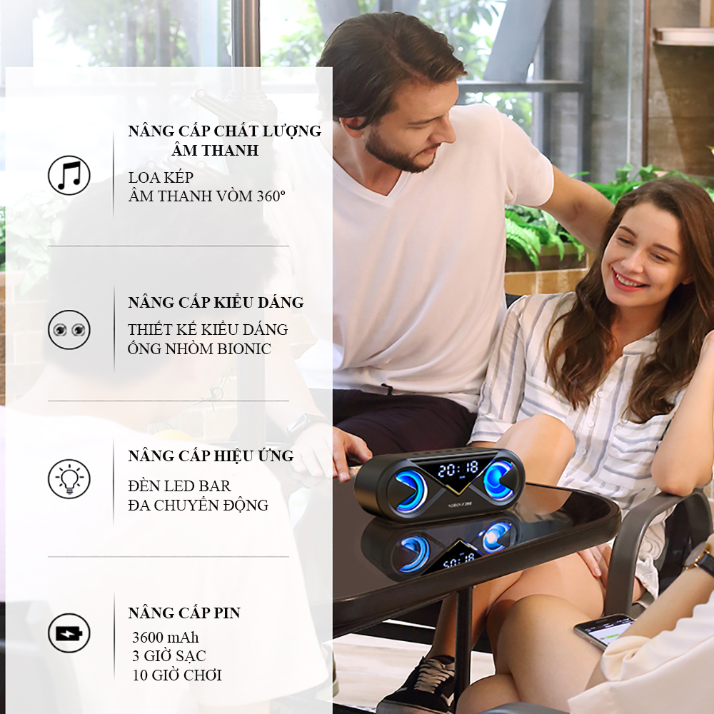 Loa bluetooth mini đa năng âm thanh vòm siêu trầm ấm, dung lượng pin lớn dùng liên tục lên đến 10h, tích hợp hiển thị đèn ngủ đồng hồ báo thức hỗ trợ thẻ nhớ nghe đài đàm thoại 2 chiều . Bảo hành 2 năm toàn quốc.