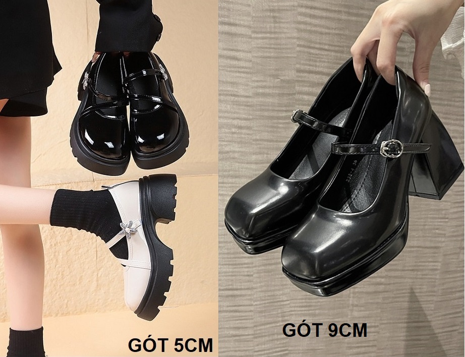 [CAO CẤP] Giày cao gót mũi vuông mũi tròn Mary Jane búp bê đế thô 9 phân 5 phân da bóng dây ngang S152