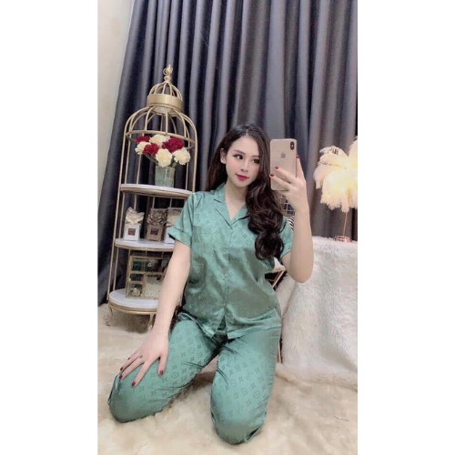 Bộ Pijama Cao Cấp Chất Lụa Gấm Tay cộc - Quần Dài