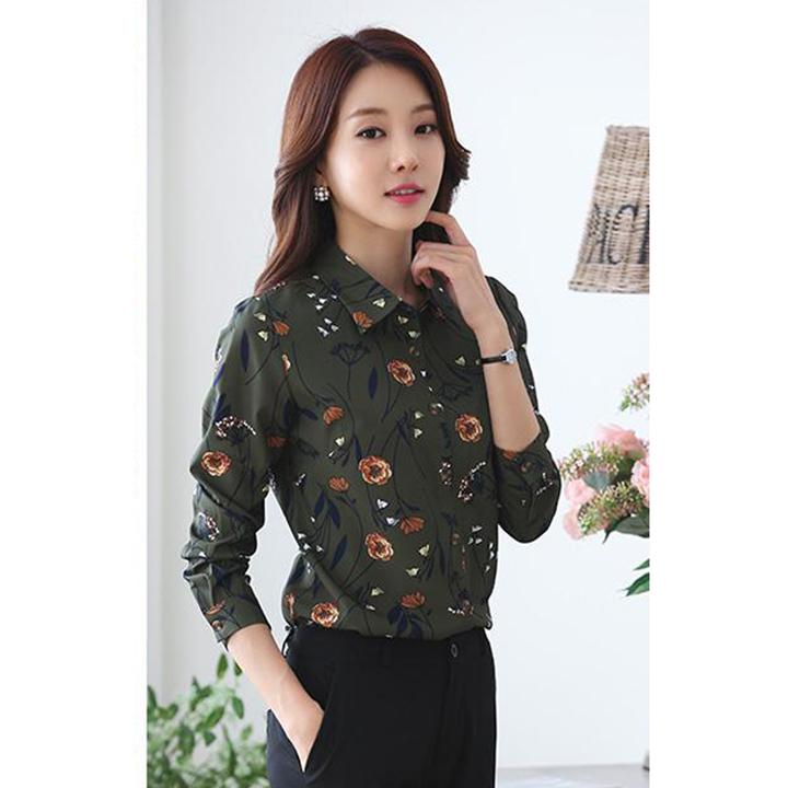 [HCM]Áo Sơ Mi Nữ Dài Tay Họa Tiết Thanh Lịch