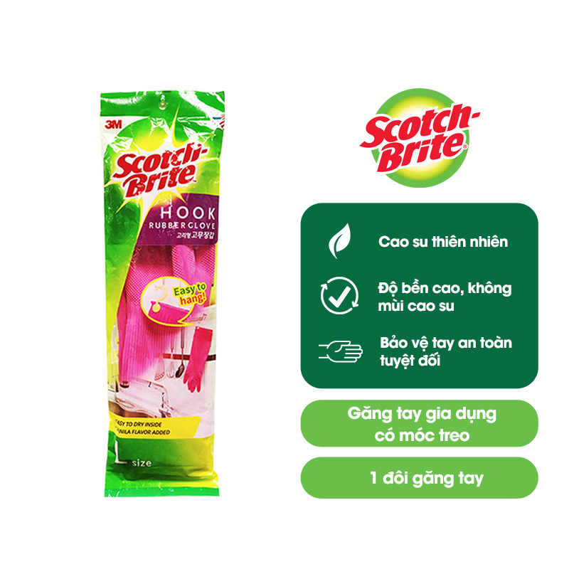 Găng tay gia dụng Scotch Brite 3M 38cm đa năng, làm từ cao su thiên nhiên, bền bỉ, an toàn cho da, độ dài che phủ tốt,có móc treo tiện lợi, có vân chống trơn trượt