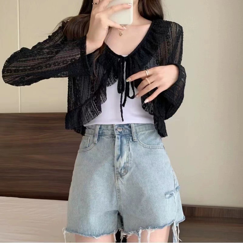 Áo Khoác Cardigan Ren Hoa Ngắn Phong Cách Hàn Quốc
