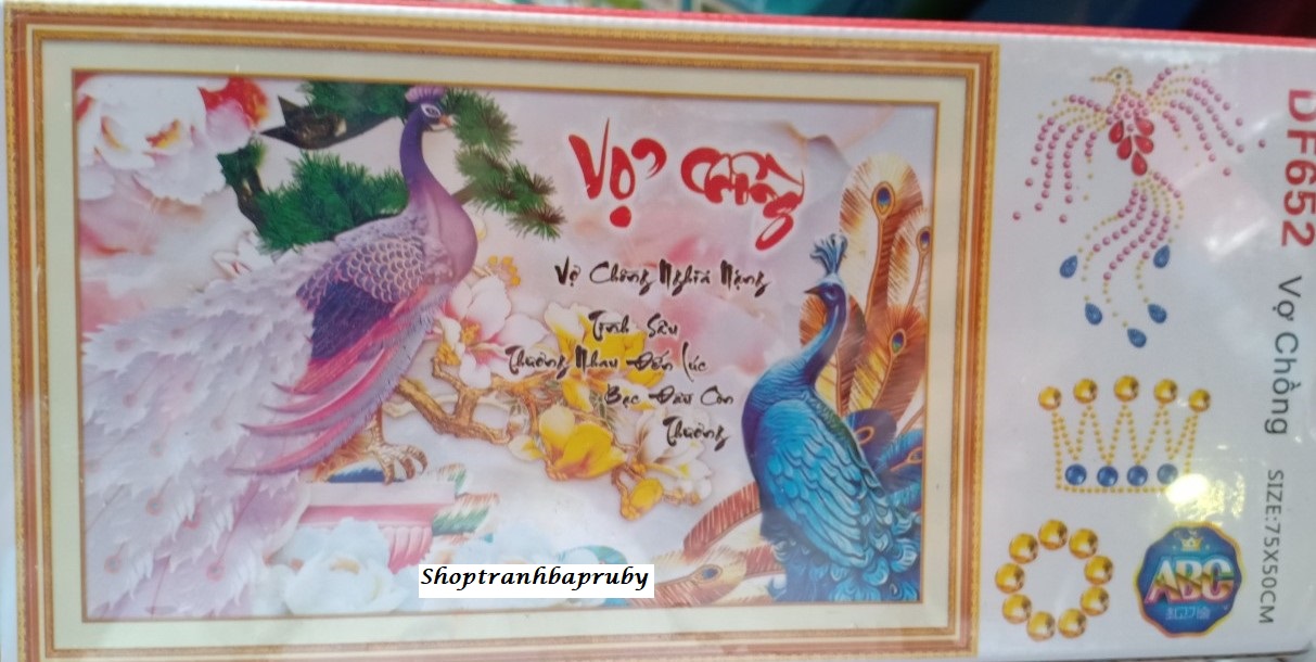 Tranh đính đá vợ chồng đôi công df652 kích thước 75 x 50 cm