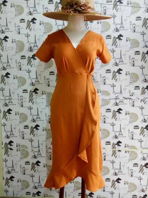 (8 màu- 4 size) váy suông dự tiệc đuôi cá đắp chéo phối bèo