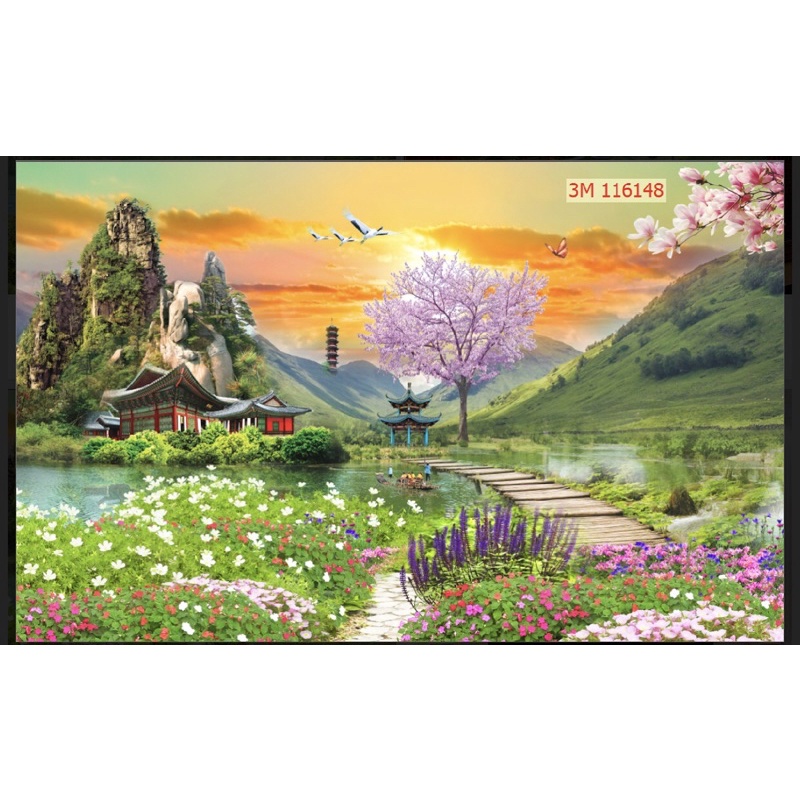 Tranh phong cảnh đồi núi dán tường 3d. tranh in vải lụa siêu bền chống ẩm mốc