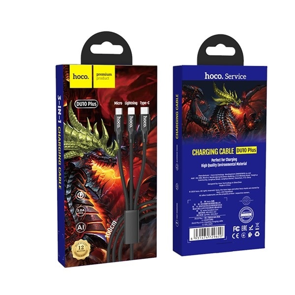 Cáp sạc nhanh dây dù Hoco DU10 Plus 3in1 ( Type-C , Lightning, Micro ) điện áp 3.0A dài 1m