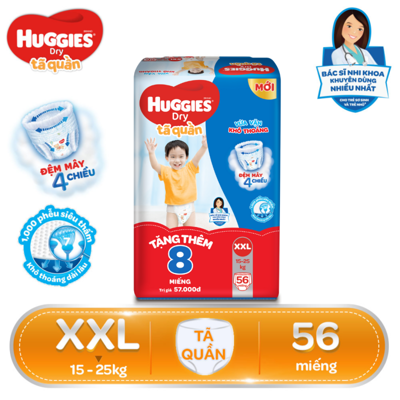 [Tặng thêm 8 miếng trong gói] Tã/bỉm quần Huggies Super Jumbo XXL56 - Gói 56 miếng (Cho bé 15kg - 25kg)