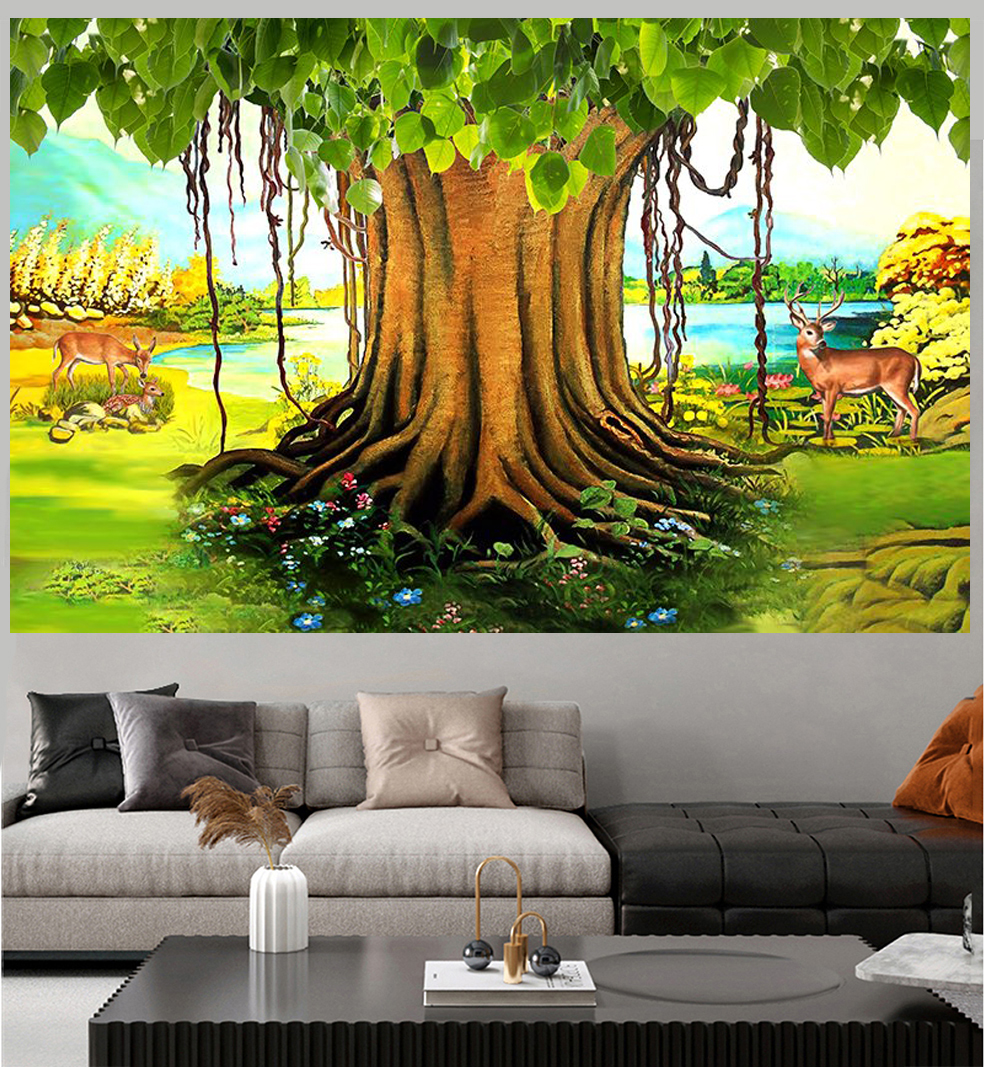 Tranh dán tường 3D cây bồ đề in nhiều chất liệu