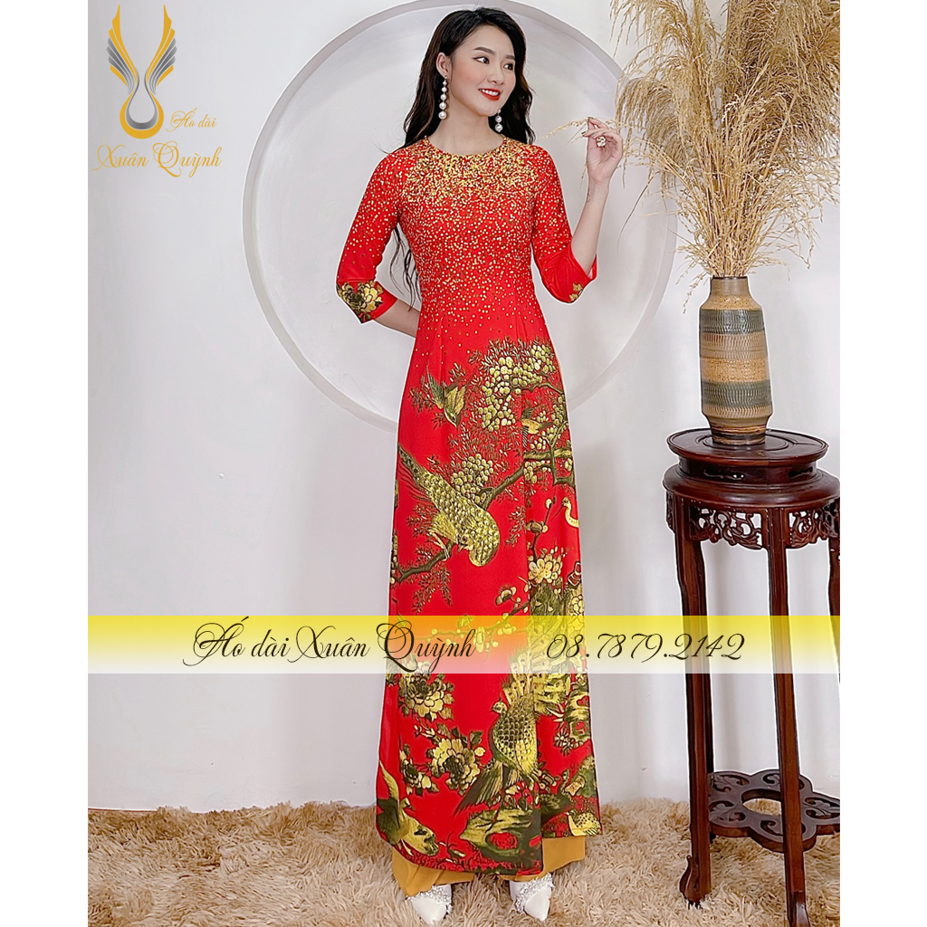 Áo Dài Phượng Hoàng Chấm Bi Quý Phái, Sang Trọng Lụa Habutai K200 - Áo Dài Xuân Quỳnh