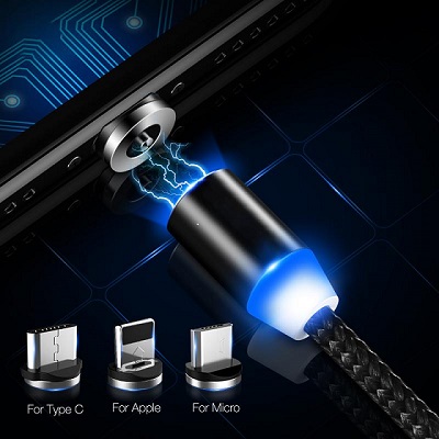 Dây cáp sạc LED đầu nam châm từ tính 360 chân tròn phát sáng tạo hiệu ứng dòng sáng dây bọc siêu bền cho androi
