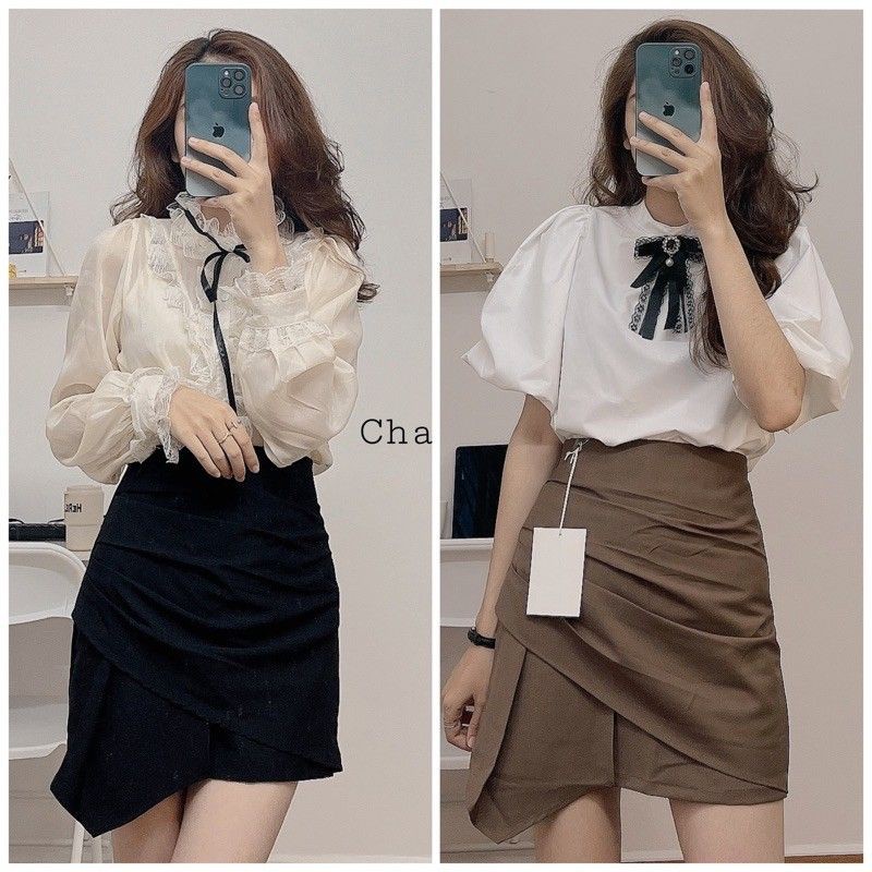 Chân váy xếp ly vạt lệch