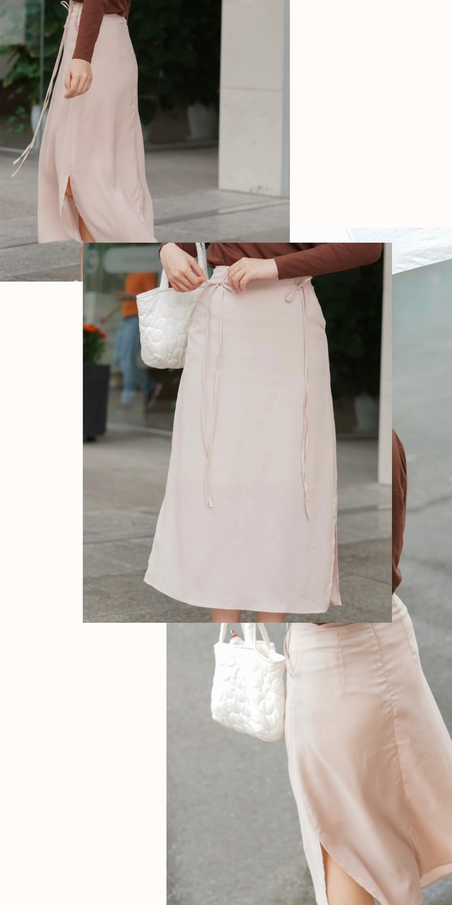 Chân váy lửng dây cột 2 bên | Chất lụa Mango | Màu Kem Hồng | Size S - XL