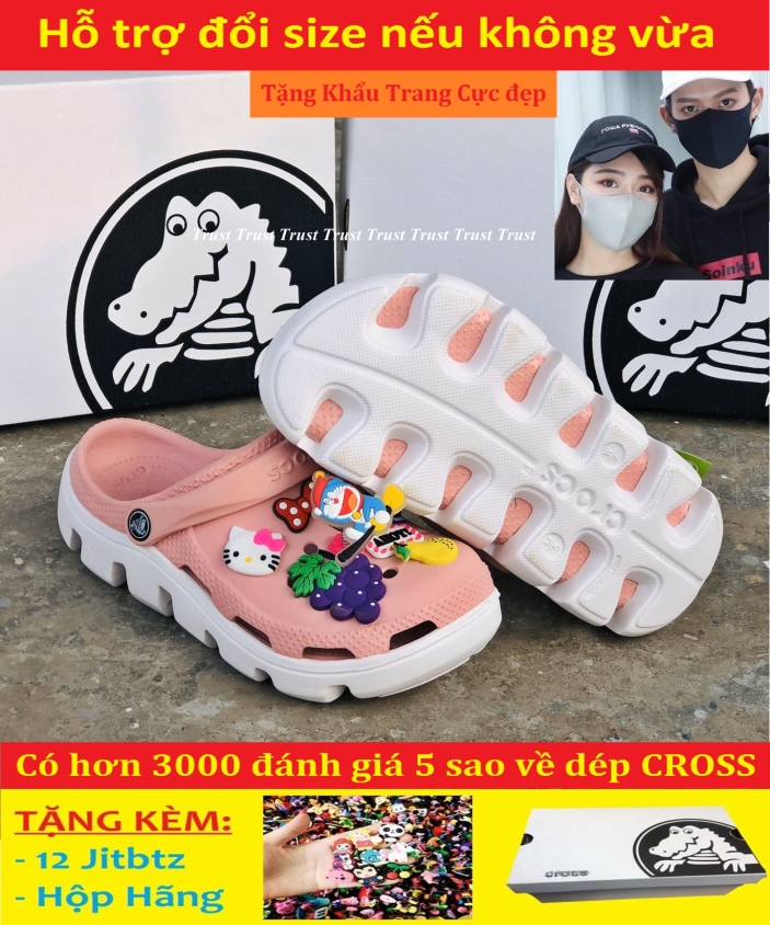 Dép sục Crocs duet quai ngang nam và nữ màu hồng đế trắng, cá tính siêu nhẹ đi mưa đi nắng thoải mái chống trơn trượt, có nhiều lỗ thoát hơi thông thoáng, tặng kèm 12 jitbitz và hộp hãng - có hình thật và video tự quay giá rẻ
