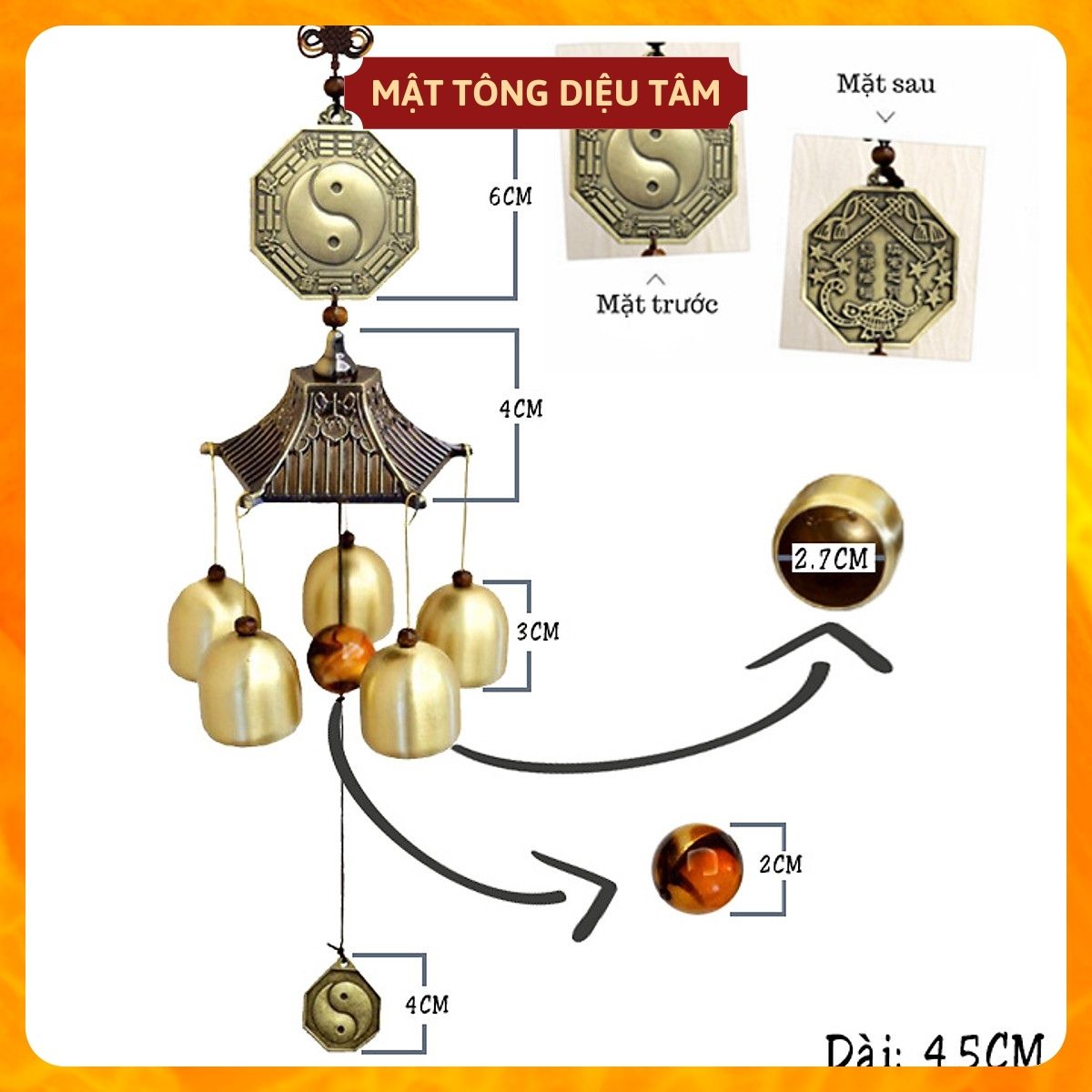 Chuông gió bát quái 6 quả LỘC ĐẾN NHÀ