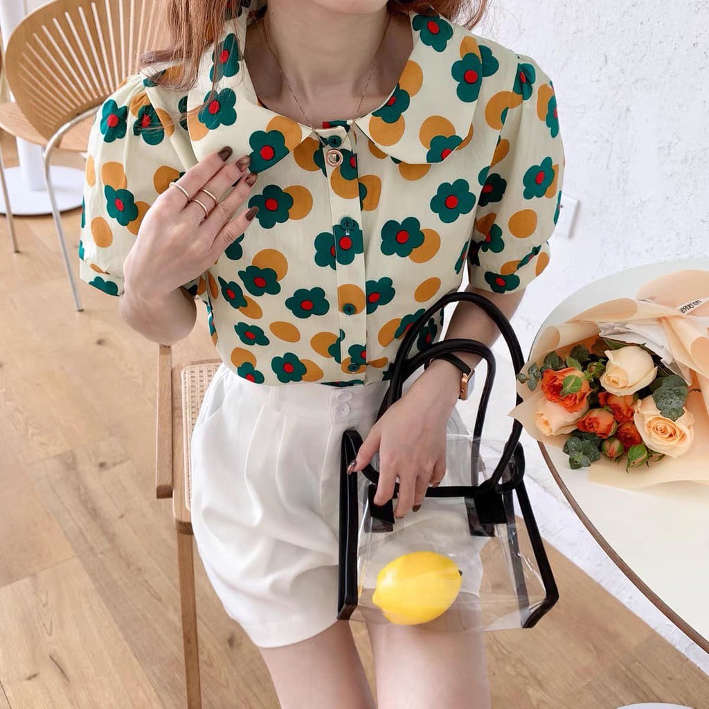 ❌FREESHIP- ÁO SƠ MI NỮ CỔ SEN HOA DỄ THƯƠNG MS125
