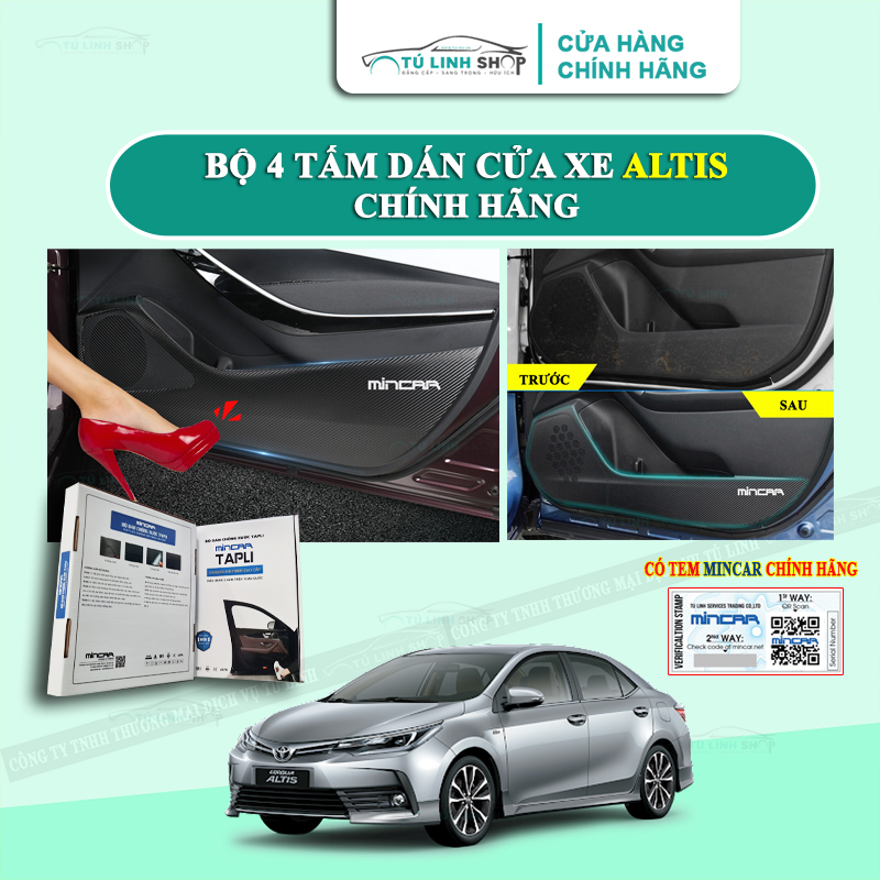 Bộ 4 Tấm dán Tapli xe ALTIS chính hãng MINCAR, chống xước tapi cửa ô tô bằng Carbon Air Fiber cao cấp