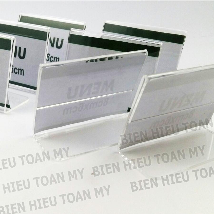 Menu mica chữ L size 8cm x 6cm