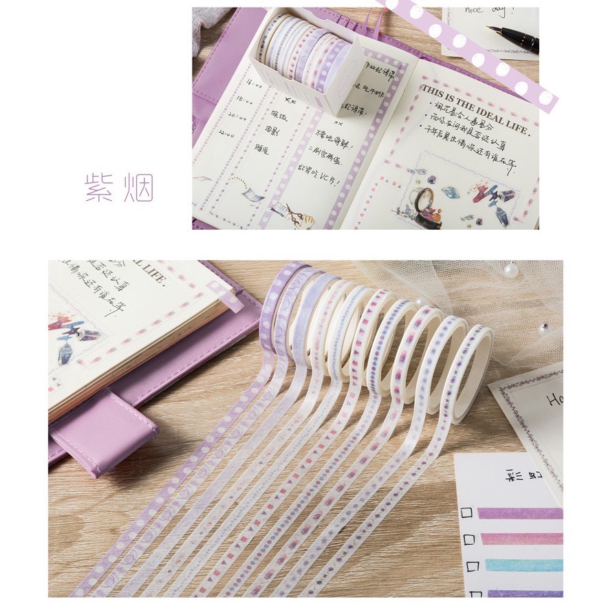 Winzige sét 5 cuộn băng dán Washi in hình đơn giản nhiều màu sắc kích thước 5*2mm dùng trang trí sổ lưu niệm nhật ký gói quà