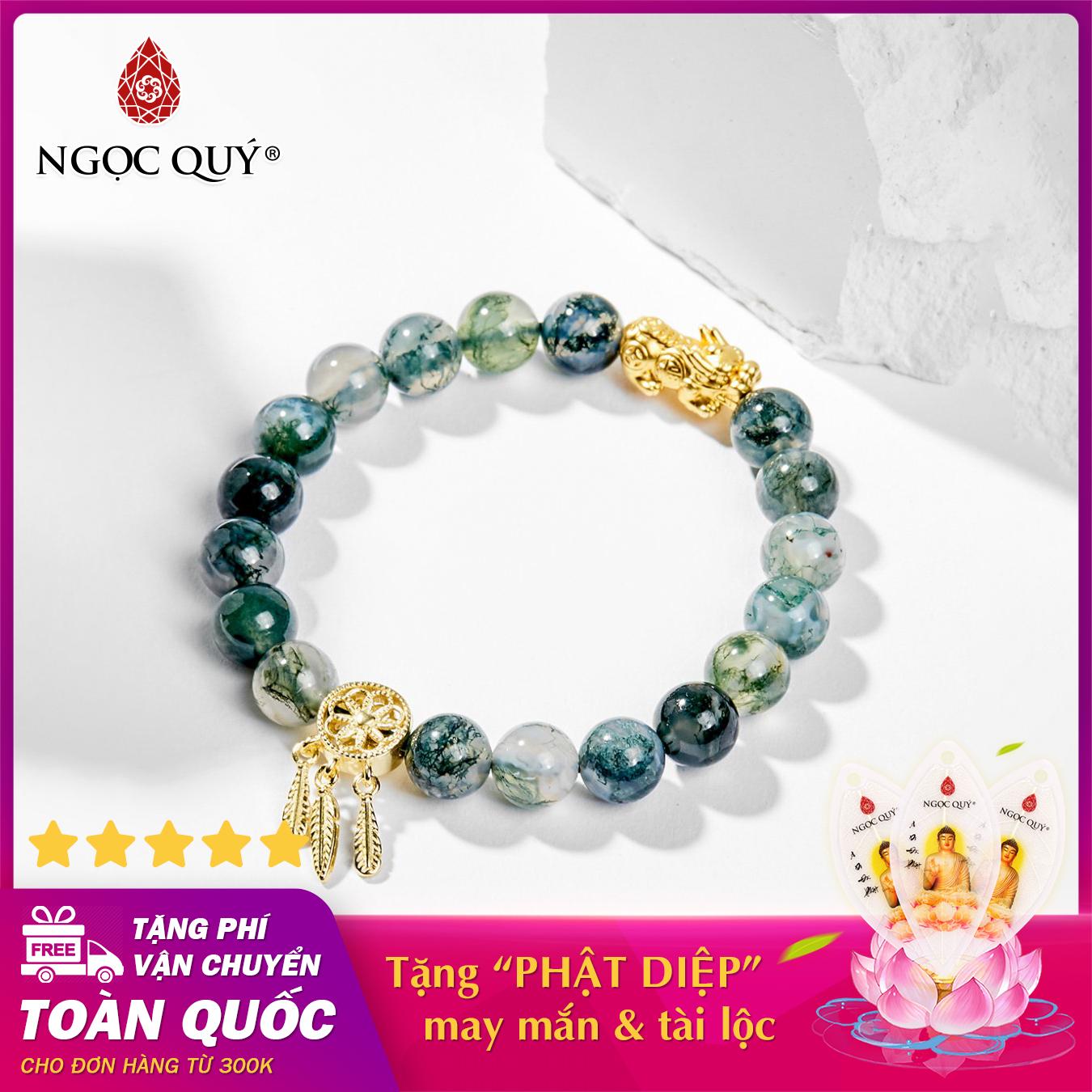 Vòng tay phong thủy nữ đá băng ngọc thủy tảo charm dream catcher mạ vàng 24k size hạt 8mm mệnh hỏa , mộc - Ngọc Quý Gemstones