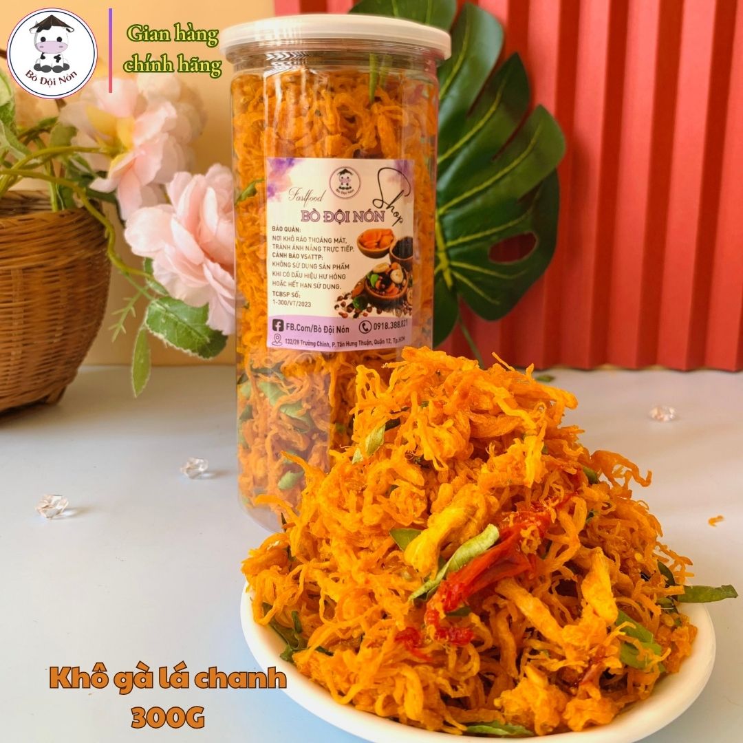 300g KHÔ GÀ LÁ CHANH LON PET BÒ ĐỘI NÓN