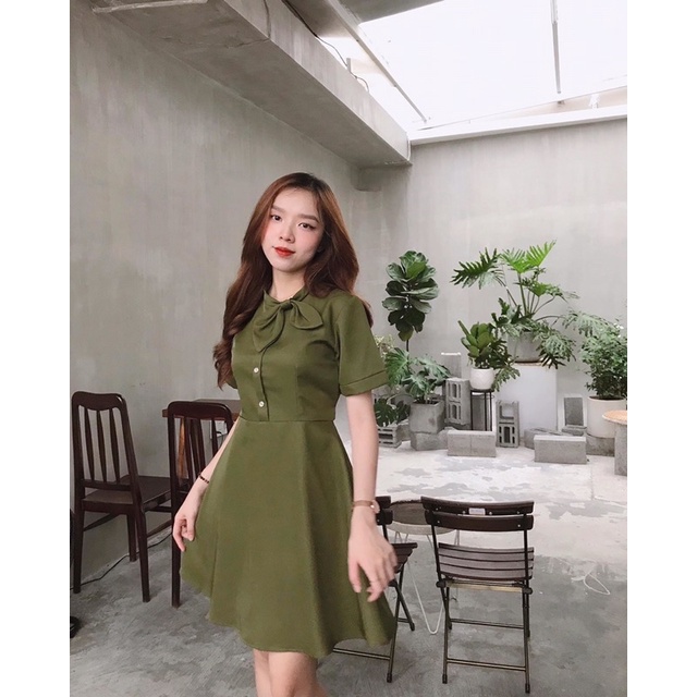 [3-5/8 Hoàn Tiền 25%]Đầm nơ cổ phối màu