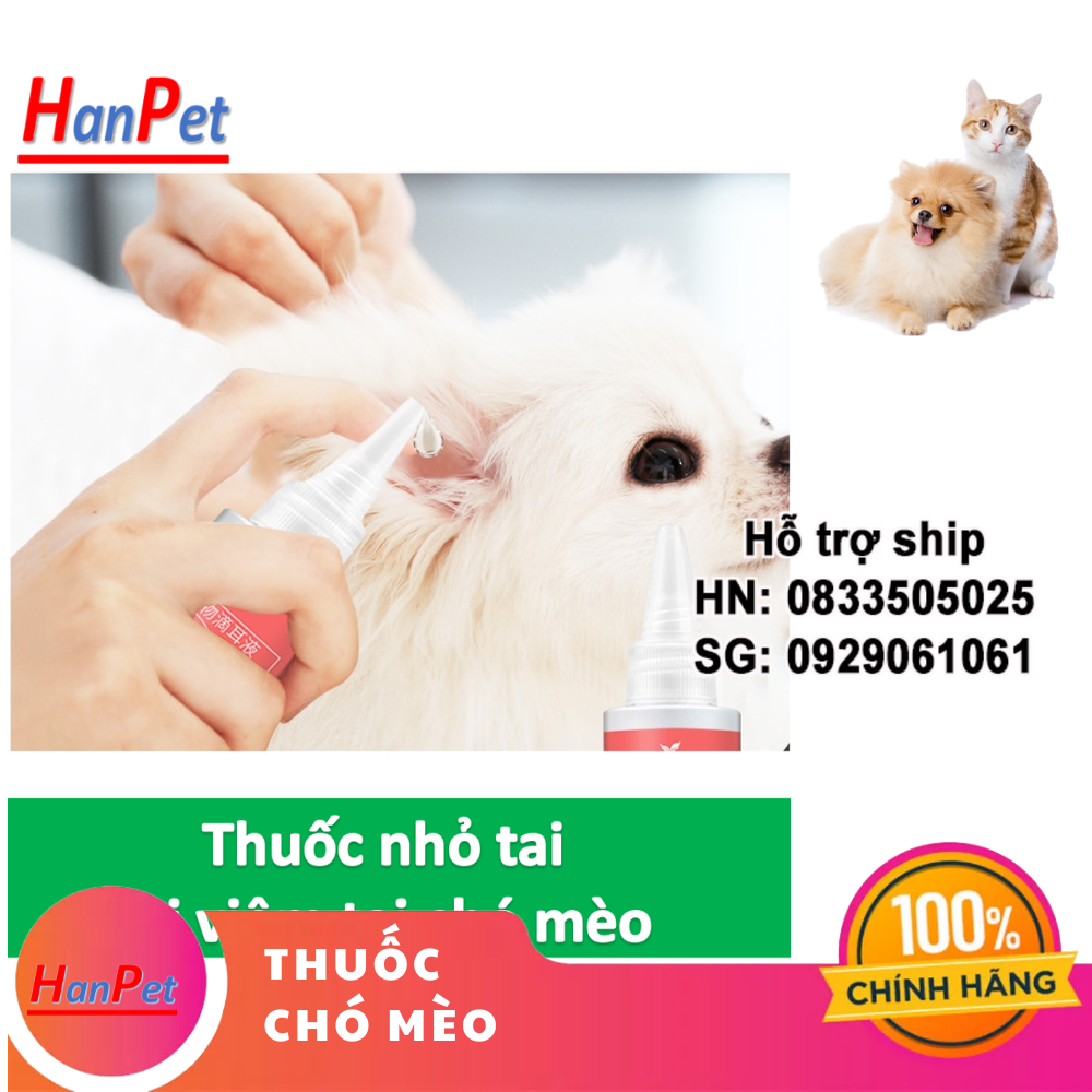 Hanpet - (Chai lớn 60ml) EAR DROP Thuốc nhỏ tai chó mèo (Chai đỏ) tặng kèm gói Tăm bông - Dụng cụ vệ sinh tai cho chó mèo Tránh thối tai giữa gây điếc tai