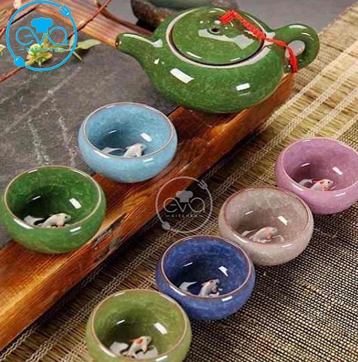 [HCM]Bộ Ấm Chén Cá 3D Men Ngọc Sắc Màu Cao Cấp