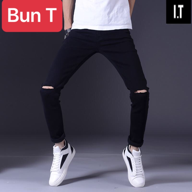 QUẦN JEAN NAM CHẤT BÒ ĐEN RÁCH GỐI SOÁI KA NHẬP THÁI TT- TRANG BUN FASHION