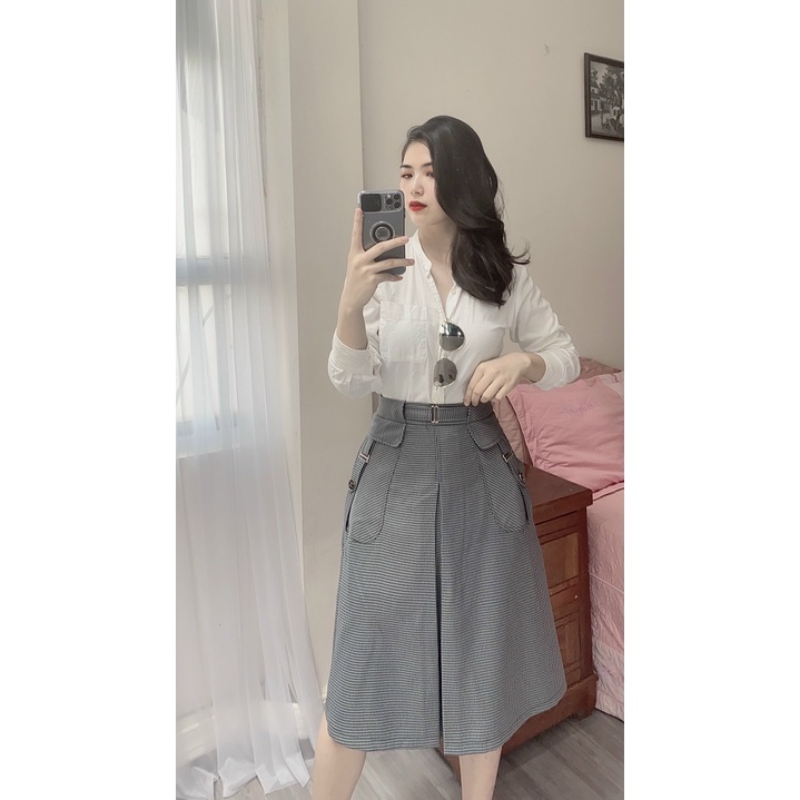 Chân váy công sở kẻ - dáng A xòe - 2 lớp