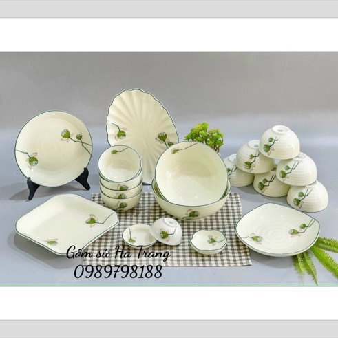 Bộ bát đĩa đồ ăn gốm sứ Bát Tràng cao cấp men kem vẽ sen HD001