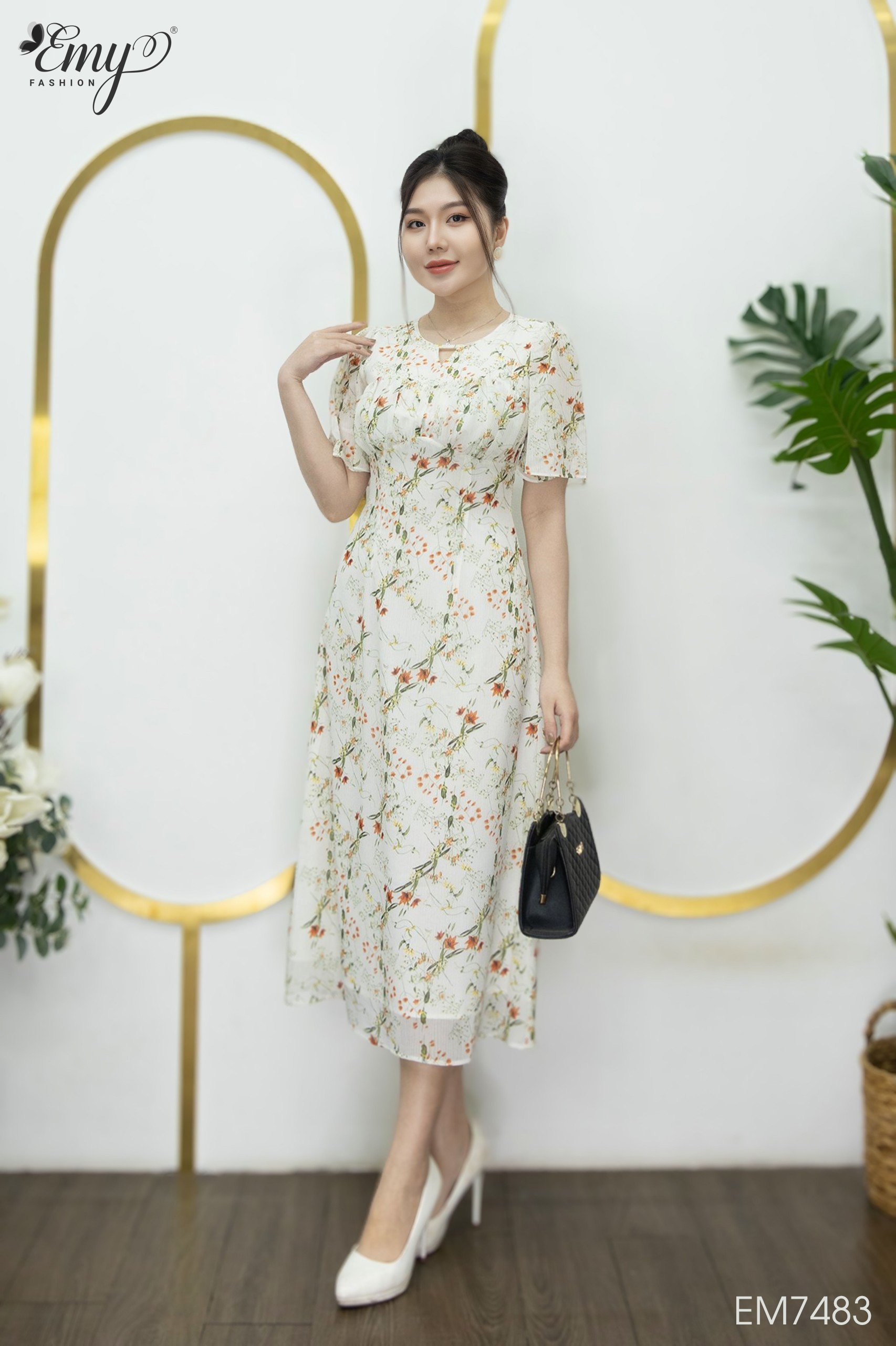 Đầm EMY EM7483 Xoè A Midi Nhún Cúp Ngực