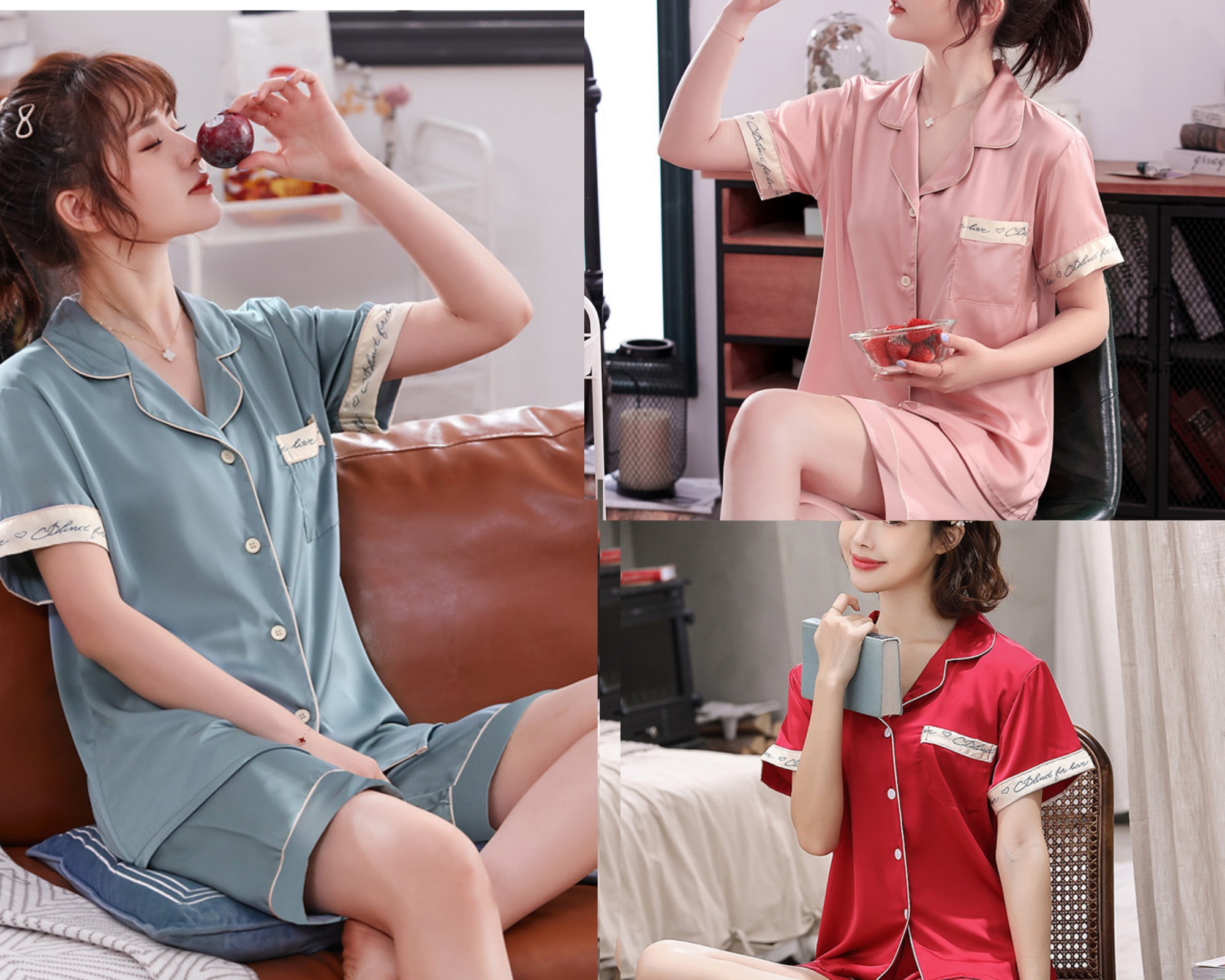 [Bộ Ngủ Lụa Đùi Viền Chữ]-Thiết Kế Sang Trong-Size M,L.