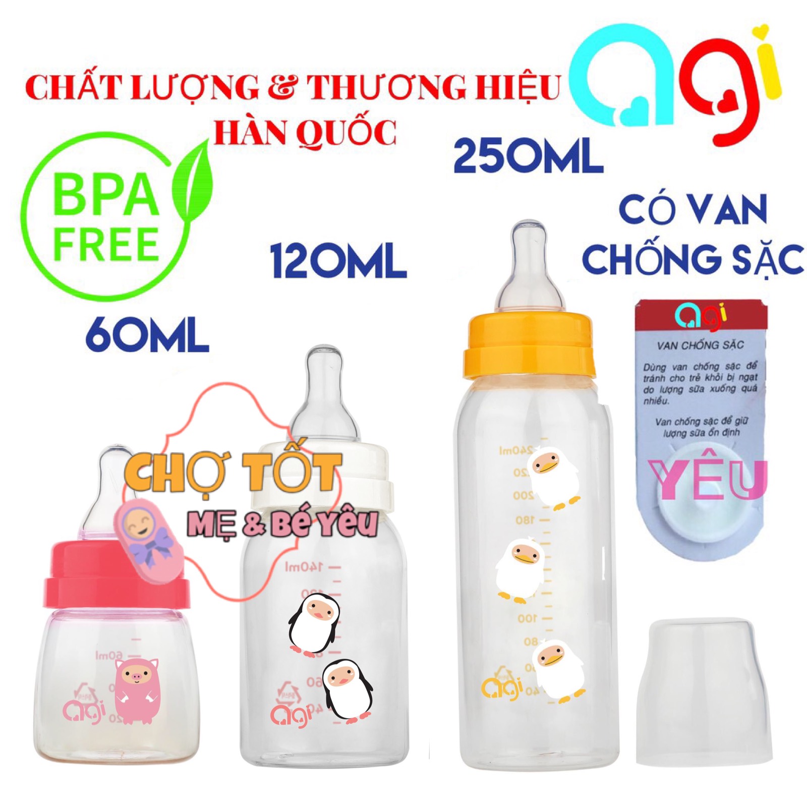 [HCM]COMBO 3 BÌNH SỮA AGI 60ML-120ML-240ML