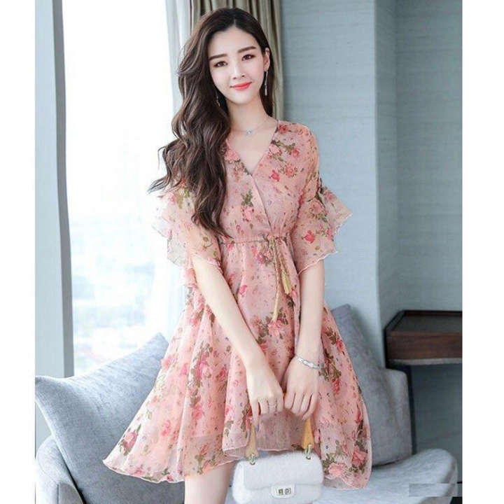 [HCM]Đầm Đính Hoa Thắt Dây Eo Thanh Lịch