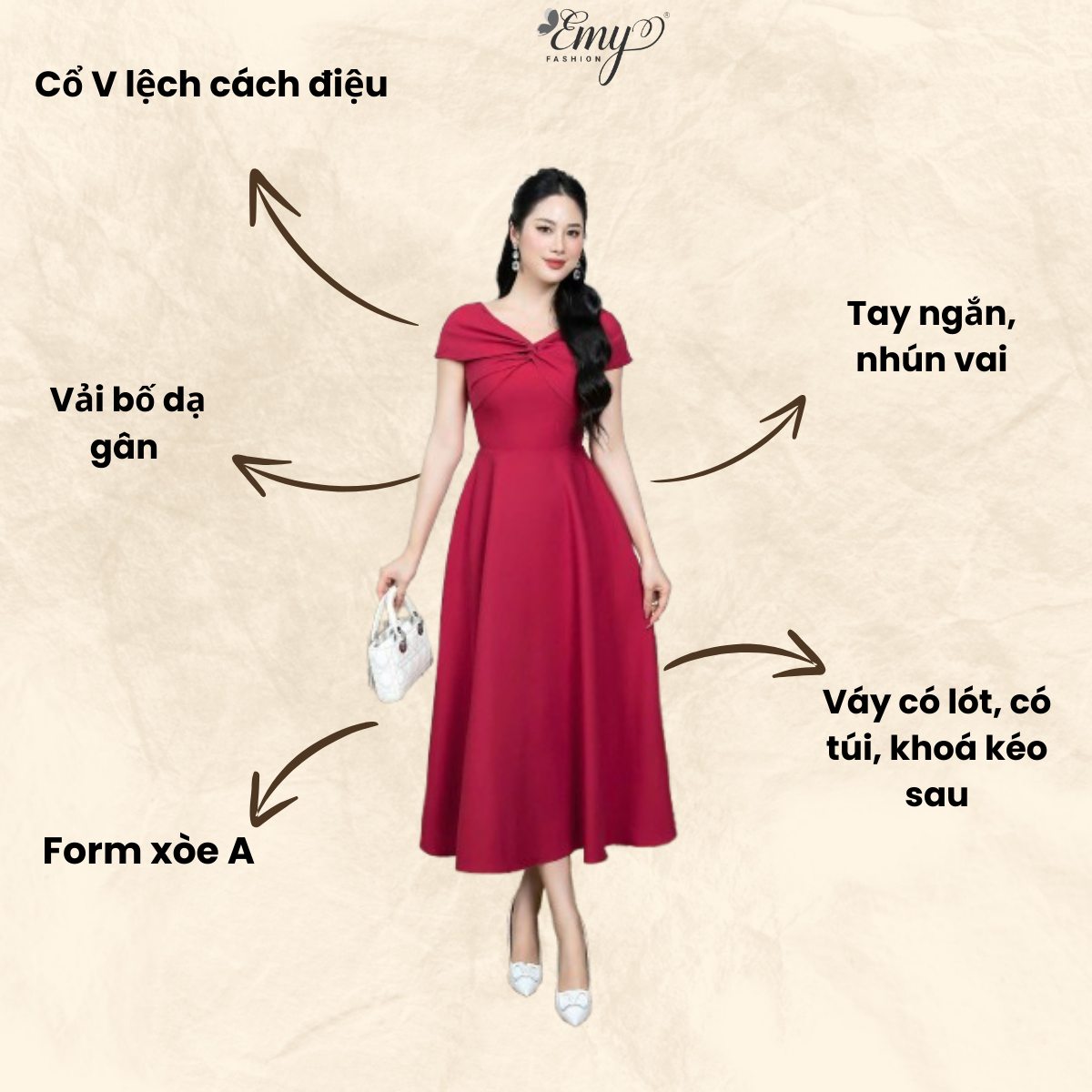 Đầm EMY EM9359 Xoè Đỏ Đổ Cổ V Xoắn Ngực