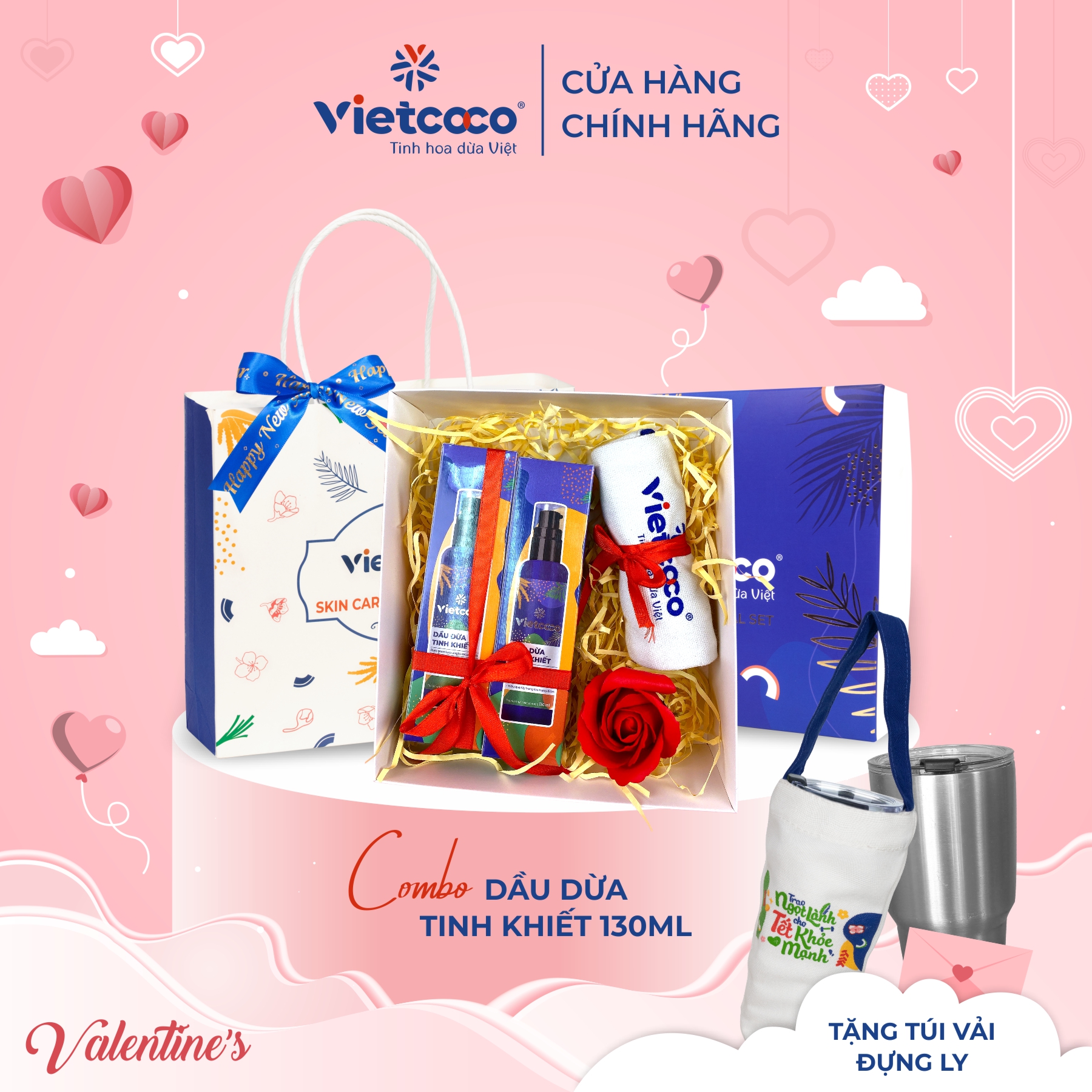 Hộp combo 2 chai dầu dừa tinh khiết Vietcoco 130ml (tặng kèm túi vải đựng bình nước)