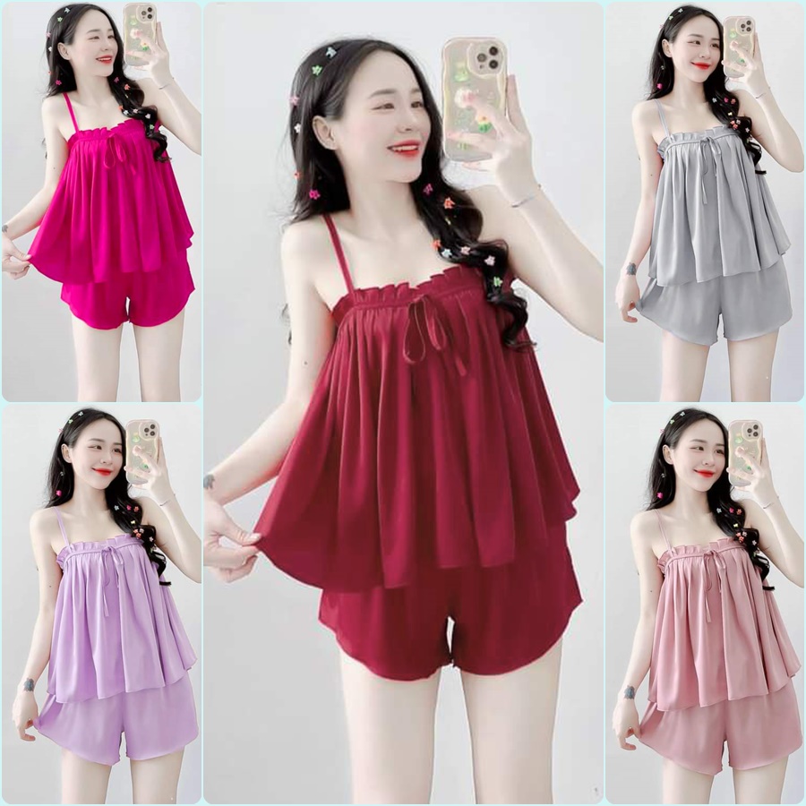 Đồ Bộ Đùi Dây Phối Ren Vải Phi Lụa Mềm Mại  Freesize 45-57kg Đồ Bộ Đùi Vải Phi Lụa Mềm Mát