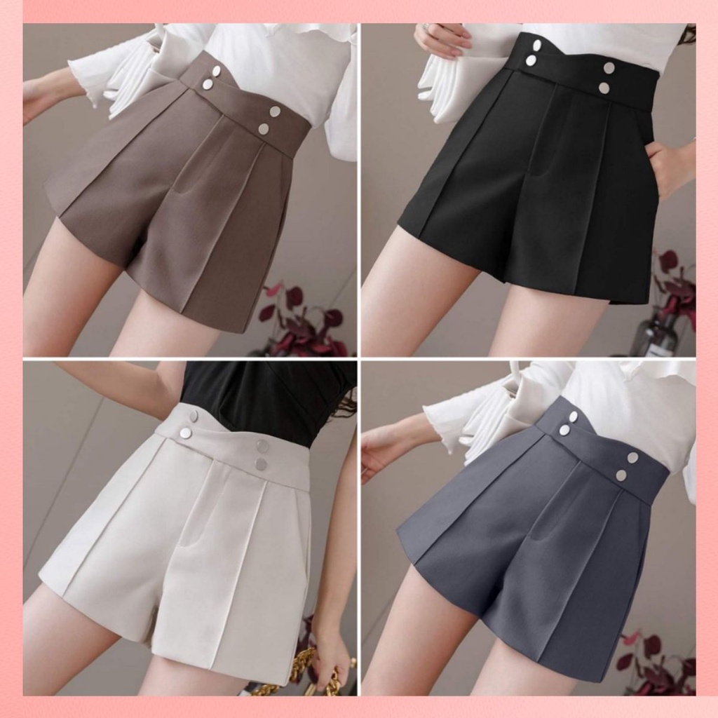 Quần short nữ cạp cao 4 cúc cạp chéo cách điệu chất tuyết mưa nhiều màu