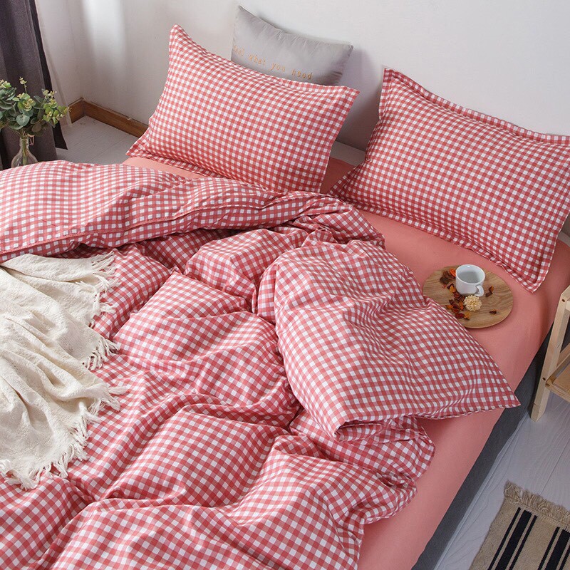 Chăn ga gối Cotton poly - Mẫu Caro hồng.