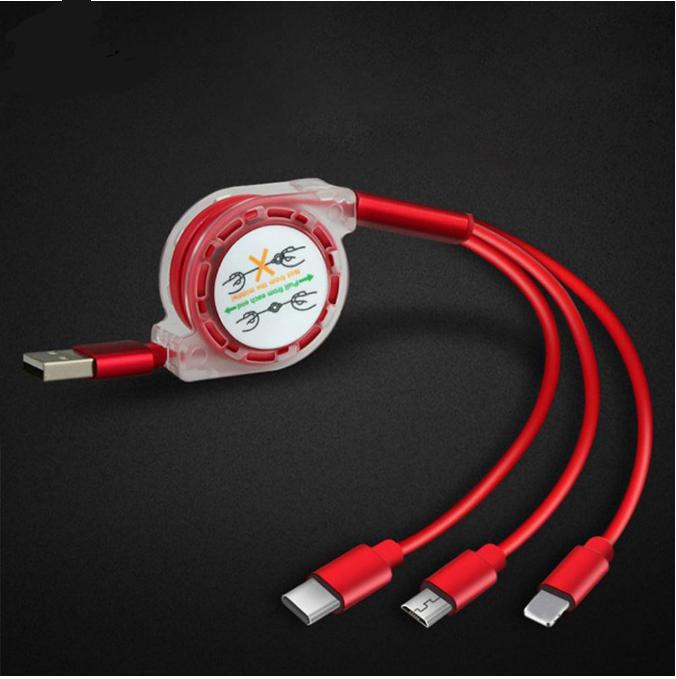 Cáp sạc 3 đầu thông minh Lightning Type C và Micro USB Iphone ( dây rút ) new 2019